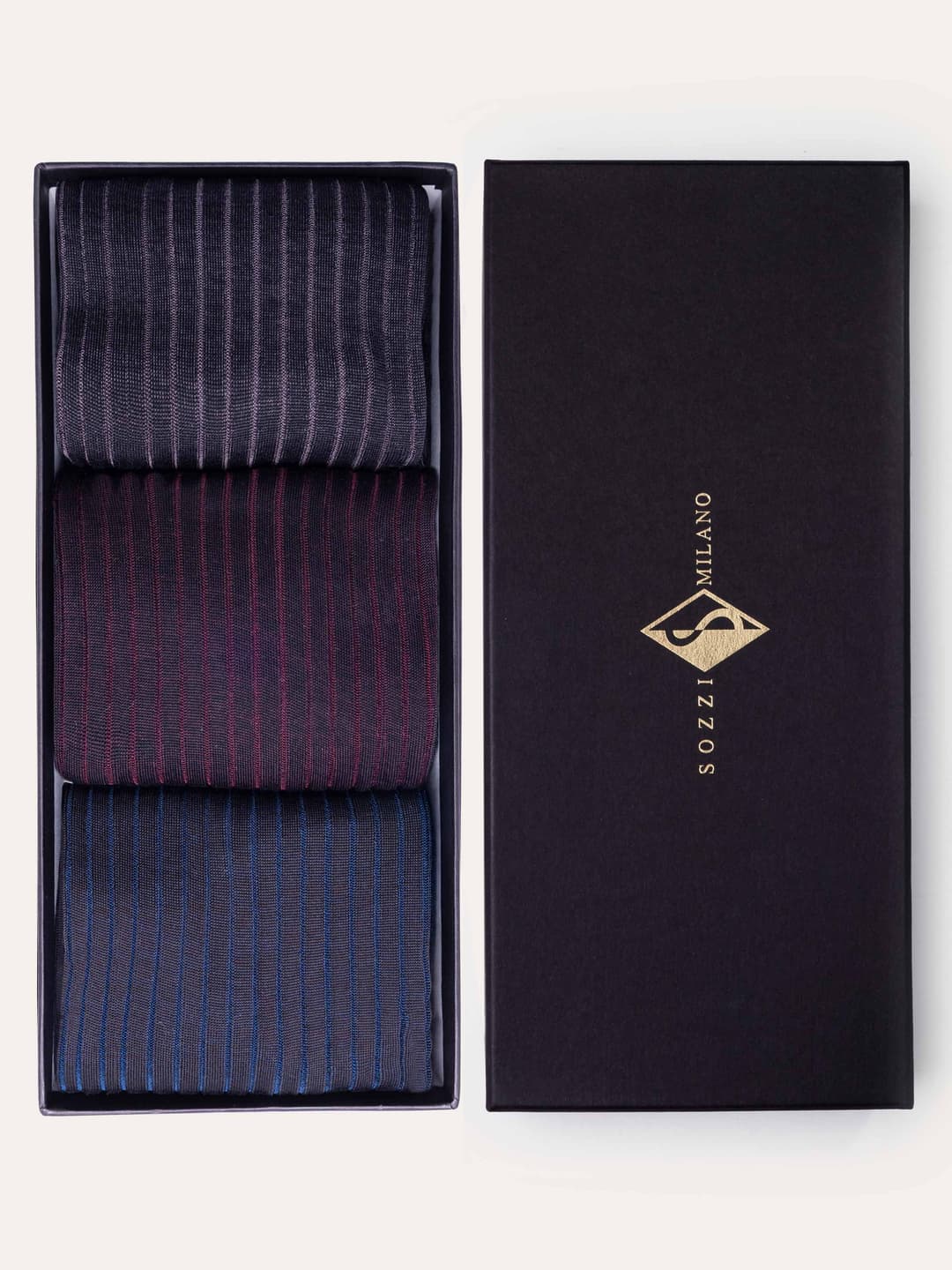 Gift Box with Three Long Classic Ribbed Socks in Lisle Cotton