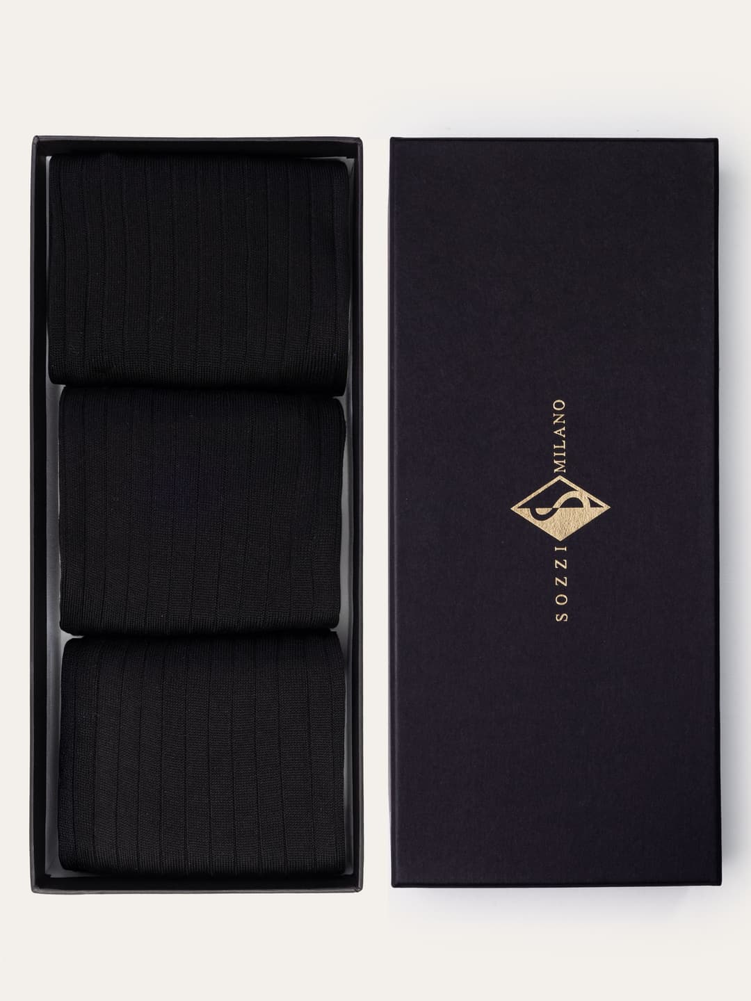 Gift Box with 3 Pairs of Ribbed Long Socks in Sea Island Cotton - Black
