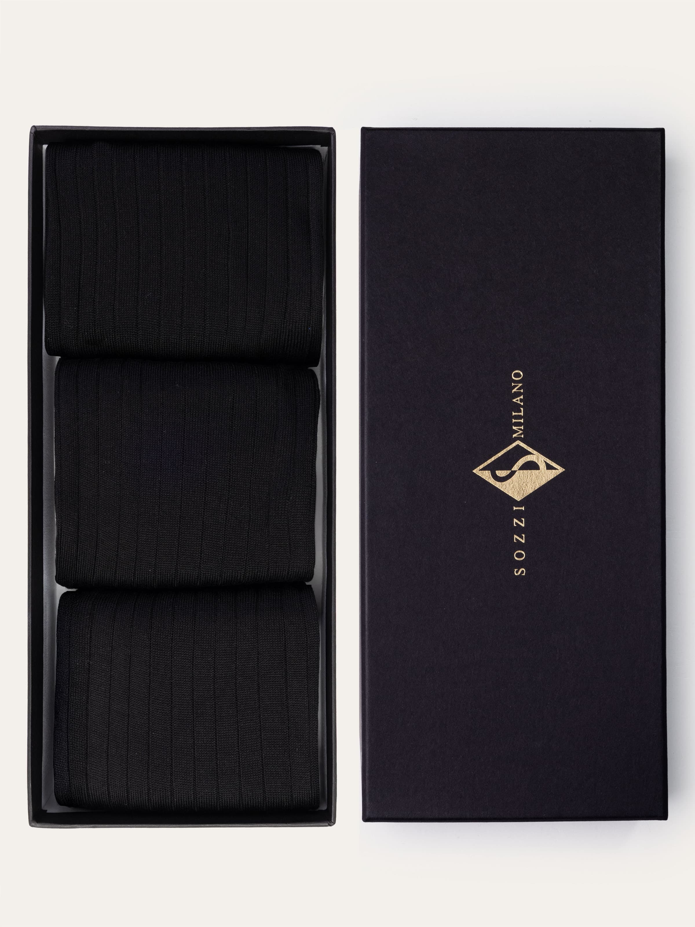 Gift box with 3 Pairs of Ribbed Long Socks in sea Island Cotton - Black