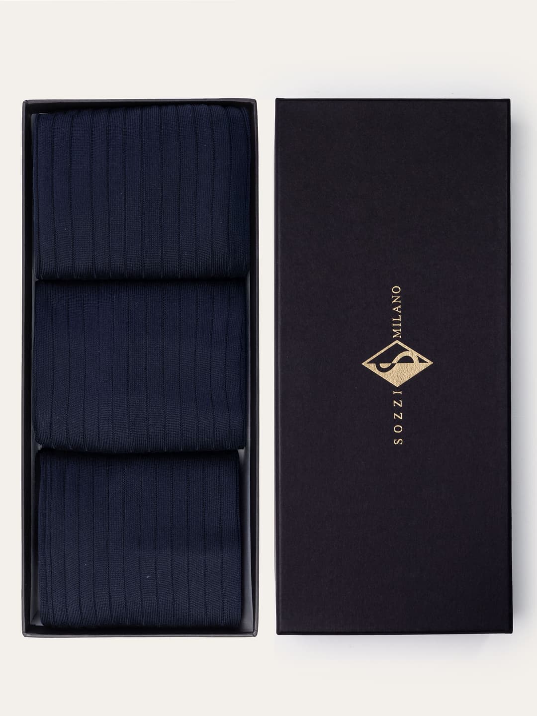 Gift Box with 3 pairs of Long Ribbed Solid Color Lisle Thread Socks - Blue