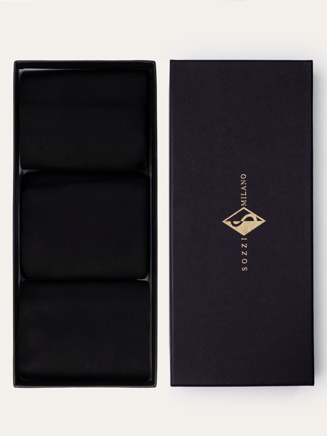Gift Box with 3 Pairs of Solid Color Long Socks in Lisle Cotton - Black
