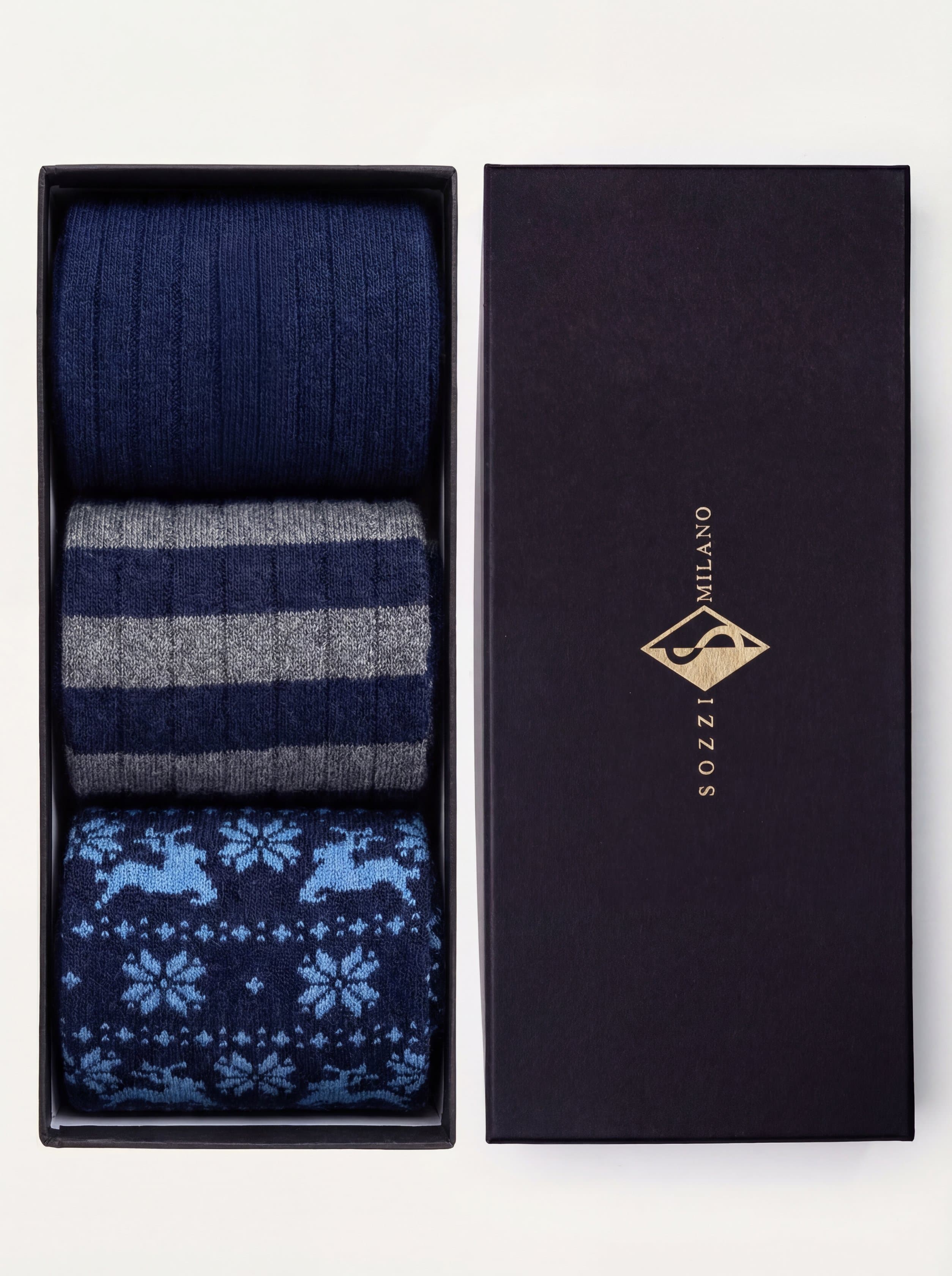 Cofanetto Regalo 3 paia calze Lunghe fantasia in misto Cashmere - blu
